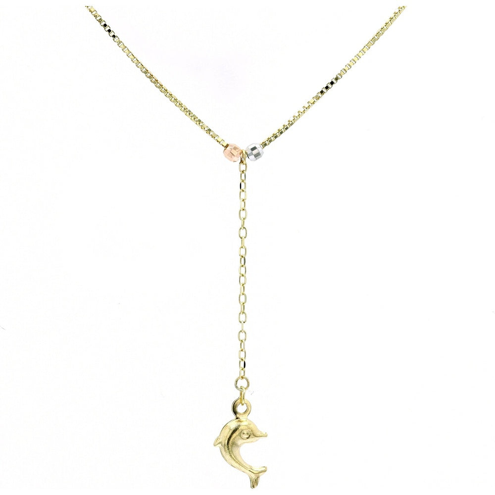 14K Tri-Tone Gold 18-Inch Y-Drop Dolphin Pendant Necklace