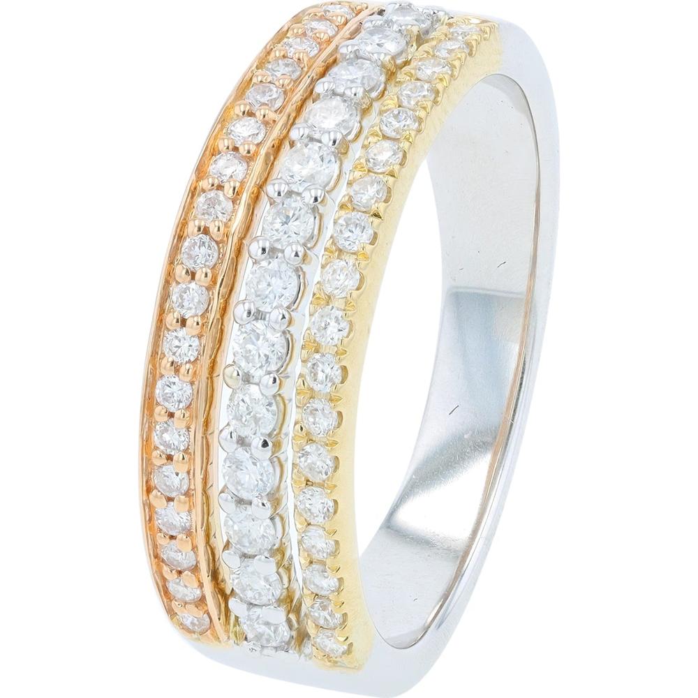 14K Tri - Tone Three Row Diamond Ring with 0.50 Carat Total Diamond Weight