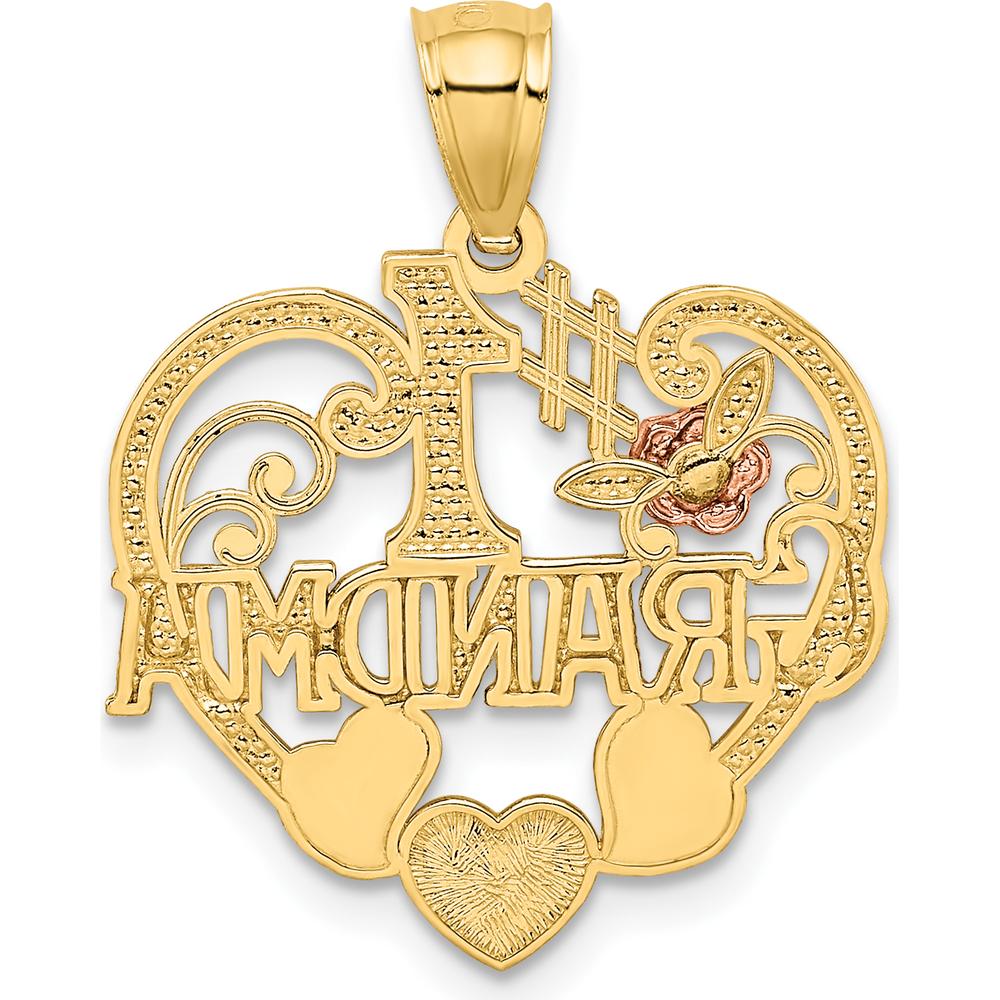 14K Two-Tone #1 Grandma Heart Pendant with Rose Gold Floral Accent and Textured Back by Oro Pregiato
