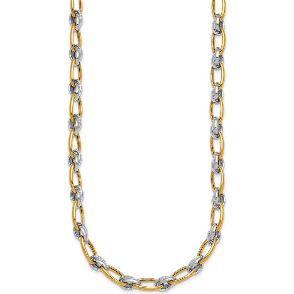 14K Two-Tone 17.75" Fancy Oval Link Chain Necklace with Polished Yellow and White Gold Links - 7mm by 0