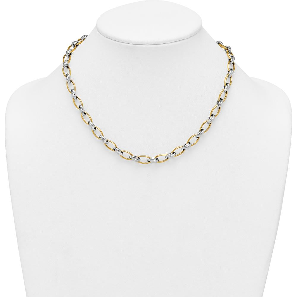 14K Two-Tone 17.75" Fancy Oval Link Chain Necklace with Polished Yellow and White Gold Links - 7mm by 0
