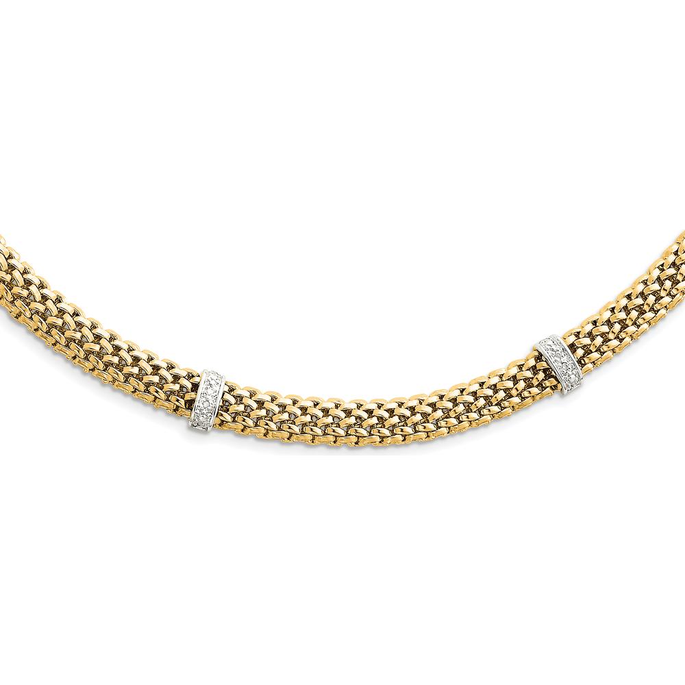 14K Two-Tone 17" Polished Mesh Necklace with Diamond Accents - 0.05 Carat Total Diamond Weight by 0