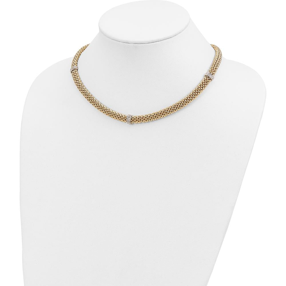 14K Two-Tone 17" Polished Mesh Necklace with Diamond Accents - 0.05 Carat Total Diamond Weight by 0