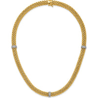 14K Two-Tone 17" Polished Mesh Necklace with Diamond Accents - 0.05 Carat Total Diamond Weight by 0
