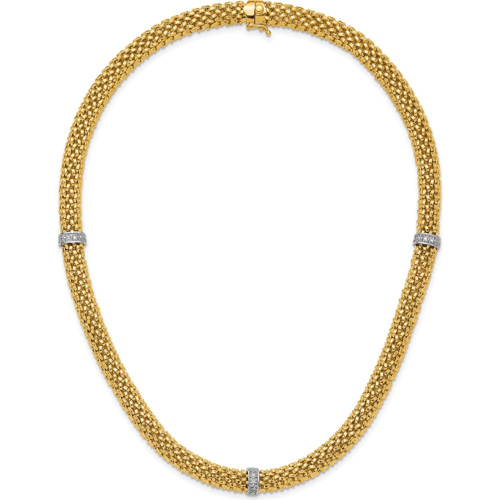 14K Two-Tone 17" Polished Mesh Necklace with Diamond Accents - 0.05 Carat Total Diamond Weight by 0