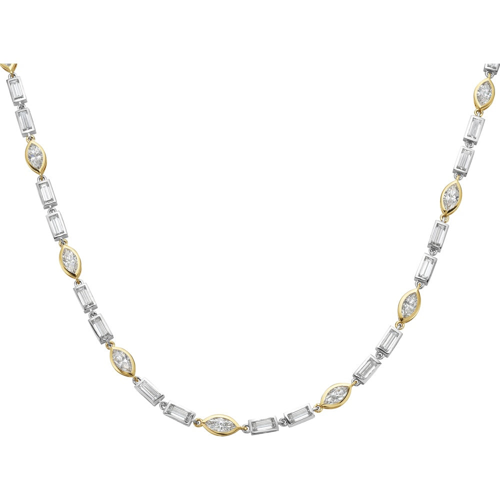 14K Two Tone 17" Tennis Necklace with Alternating Bezel Set Marquise and Baguette Lab Diamonds - 11.60 Carat Total Diamond Weight - Covaloro Fine Jewelry