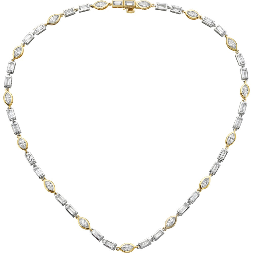 14K Two Tone 17" Tennis Necklace with Alternating Bezel Set Marquise and Baguette Lab Diamonds - 11.60 Carat Total Diamond Weight - Covaloro Fine Jewelry