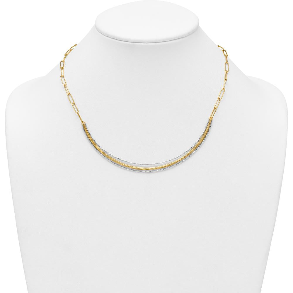 14K Two-Tone 17" Woven Curved Bar Necklace with Long Link Chain and 2" Extender by 0