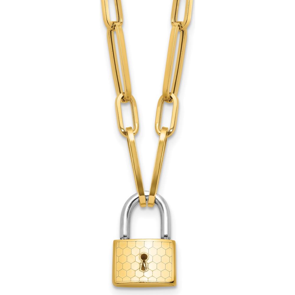 14K Two-Tone 18.25" Paperclip Chain Necklace with Honeycomb Lock Pendant by 0