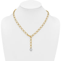 14K Two-Tone 18" Lariat Necklace with Polished 6.5mm Fancy Curb Links and White Gold Teardrop Accent by 0