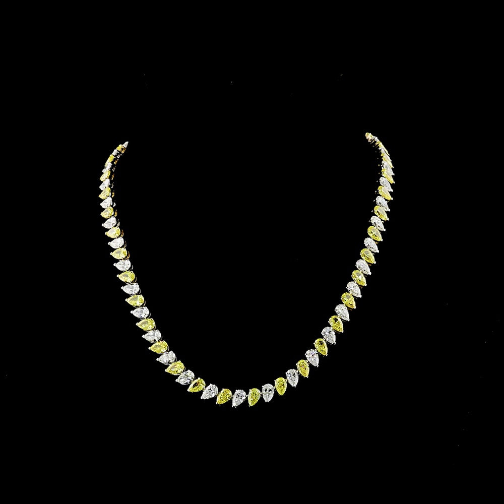14K Two Tone 19" Tennis Necklace with Alternating Pear Shape Fancy Vivid Yellow and White Lab Diamonds - 39.93 Carat Total Weight - Covaloro Fine Jewelry