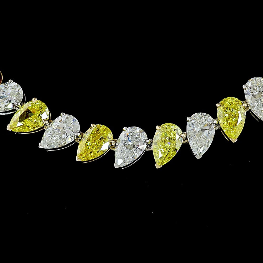 14K Two Tone 19" Tennis Necklace with Alternating Pear Shape Fancy Vivid Yellow and White Lab Diamonds - 39.93 Carat Total Weight - Covaloro Fine Jewelry