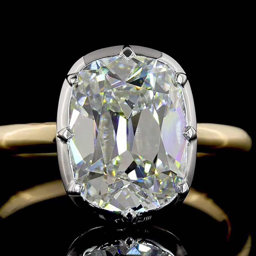 14K Two Tone 3.11 Carat Antique Cushion Cut Lab Diamond Solitaire Ring in Bezel-Prong Setting with IGI Certification - Covaloro Fine Jewelry