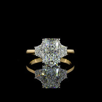 14K Two Tone 3 Stone Ring with 2.54 Carat Radiant Cut Lab Diamond and 0.63 Carat Trapezoid Side Stones - 3.17 Total Carat Weight - Covaloro Fine Jewelry