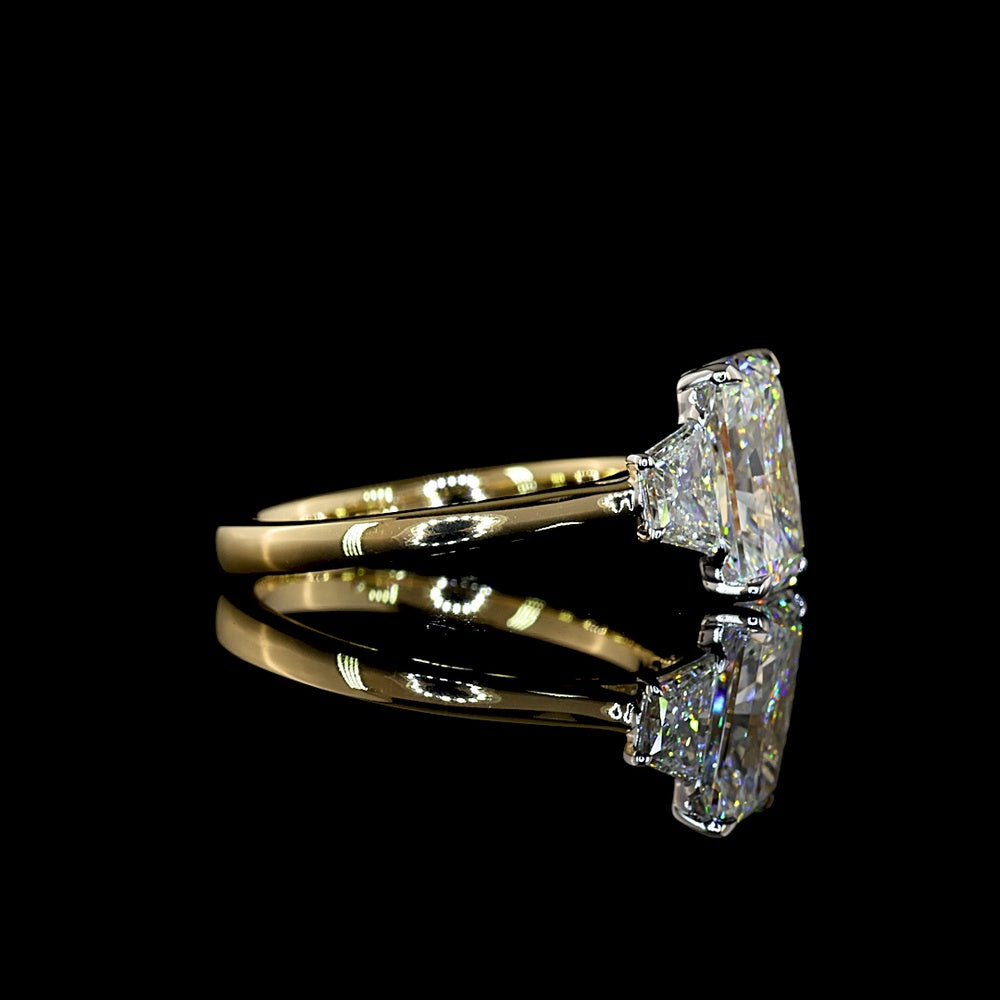 14K Two Tone 3 Stone Ring with 2.54 Carat Radiant Cut Lab Diamond and 0.63 Carat Trapezoid Side Stones - 3.17 Total Carat Weight - Covaloro Fine Jewelry