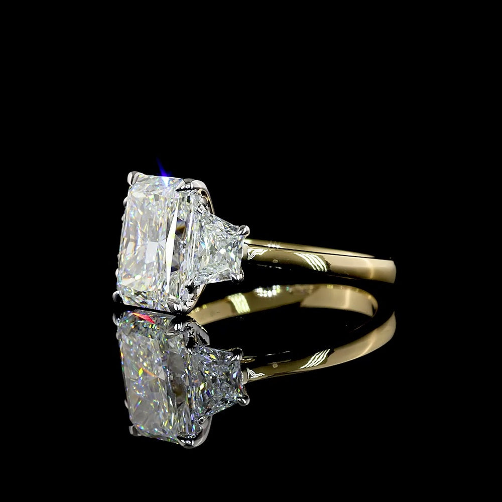 14K Two Tone 3 Stone Ring with 3.01 Carat Radiant Cut Lab Diamond and 0.88 Carat Trapezoid Side Stones - 3.89 Carat Total Diamond Weight IGI Certified - Covaloro Fine Jewelry