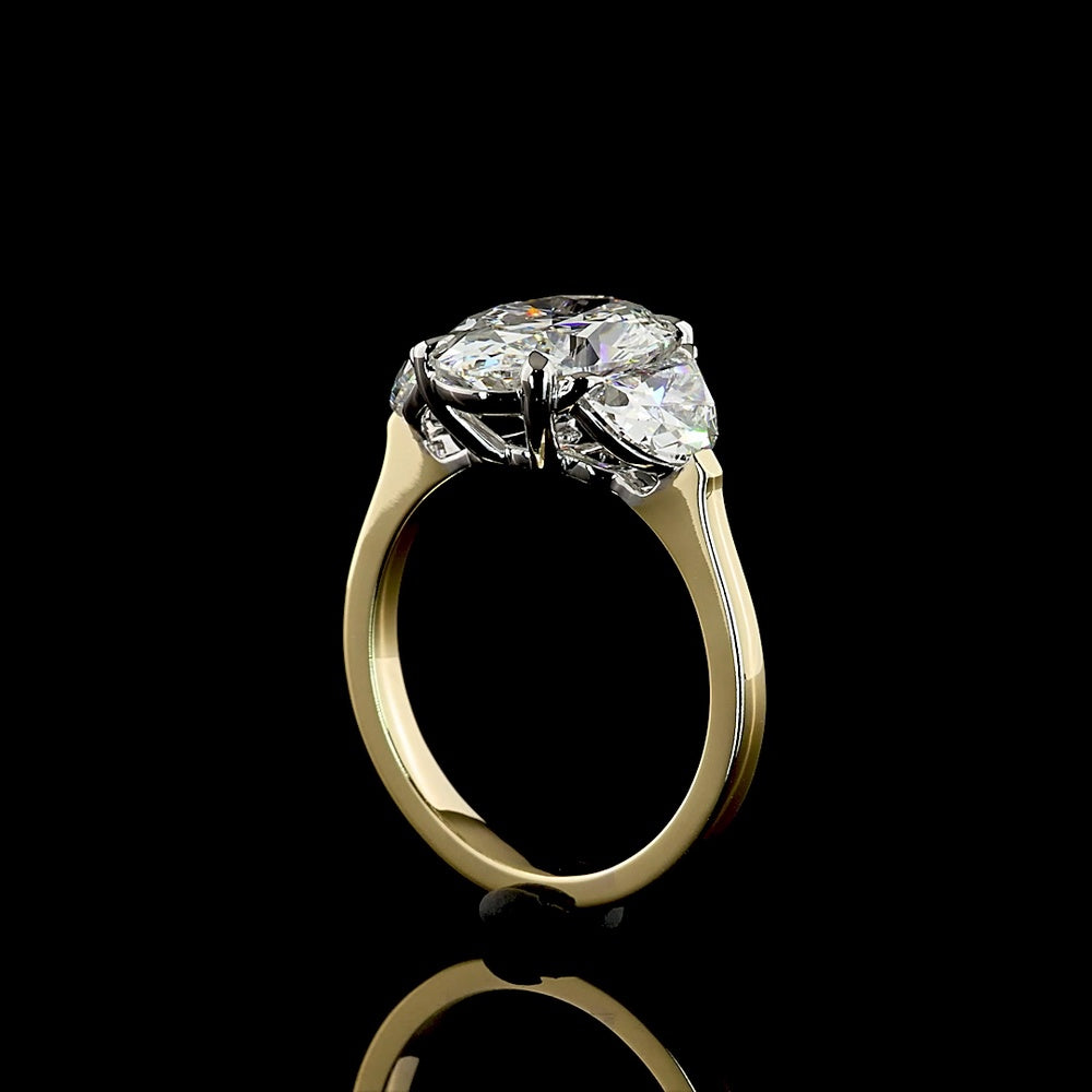 14K Two Tone 3 Stone Ring with 3.13 Carat Oval Lab Diamond and 1.32 Carat Half-Moon Side Diamonds - IGI Certified E VS2 - Total 4.45 Carat Weight - Covaloro Fine Jewelry
