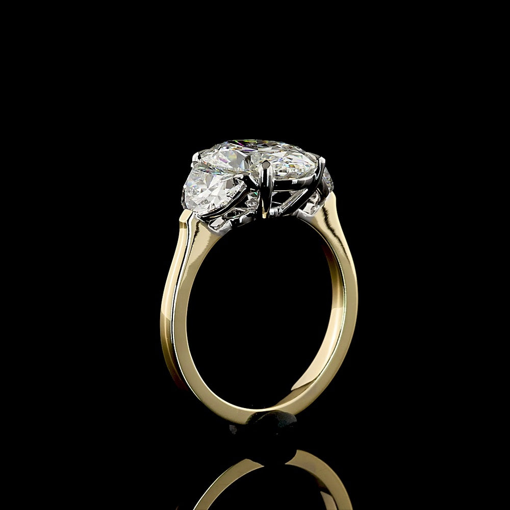 14K Two Tone 3 Stone Ring with 3.13 Carat Oval Lab Diamond and 1.32 Carat Half-Moon Side Diamonds - IGI Certified E VS2 - Total 4.45 Carat Weight - Covaloro Fine Jewelry