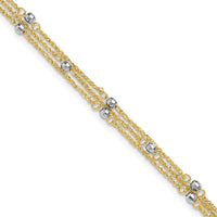 14K Two-Tone 3-Strand Fashion Anklet with Mirror Beads and Diamond-Cut Texture - Adjustable 11" Length