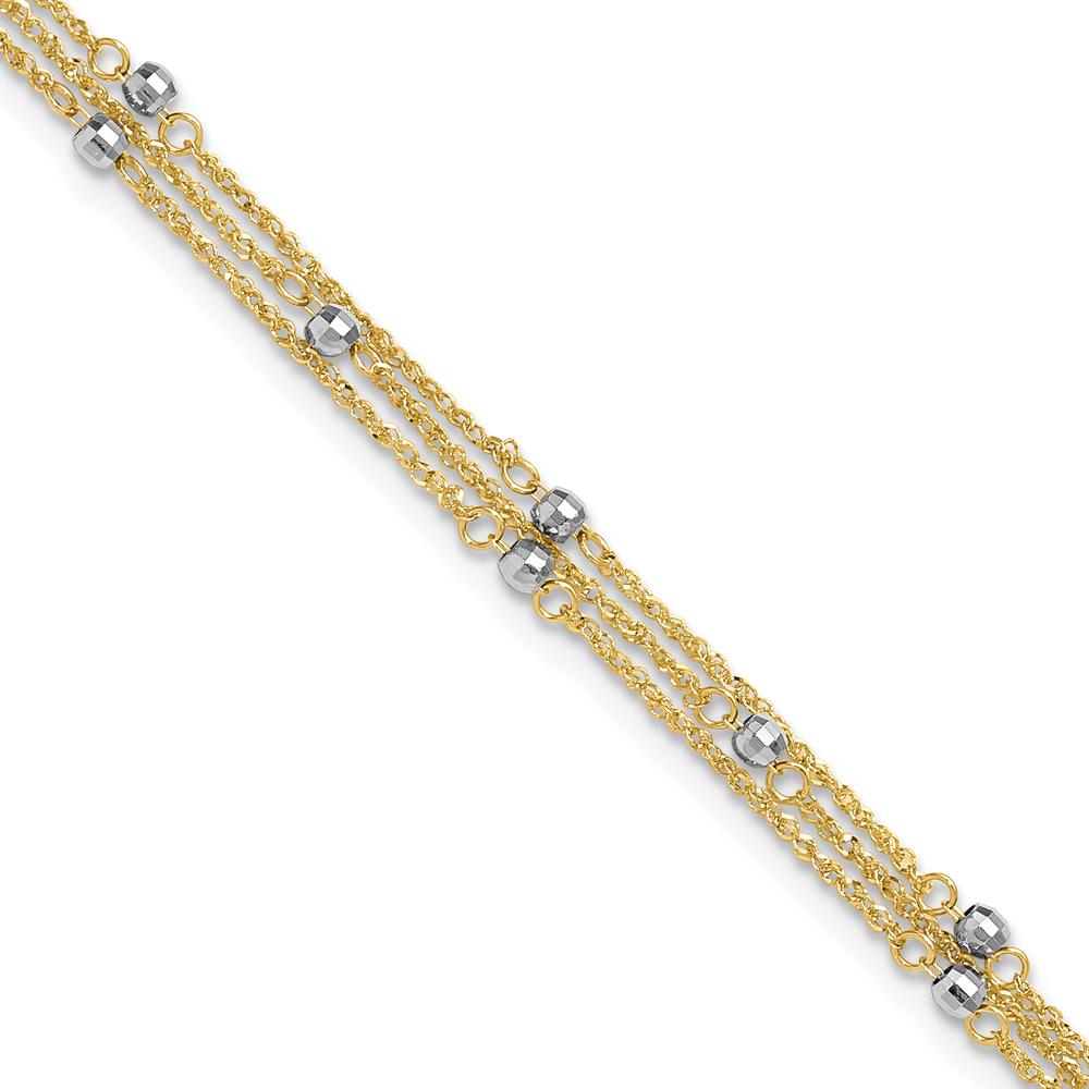 14K Two-Tone 3-Strand Fashion Anklet with Mirror Beads and Diamond-Cut Texture - Adjustable 11" Length