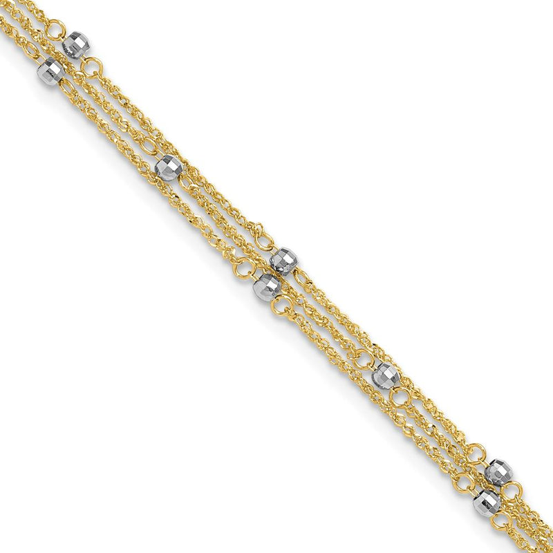 14K Two-Tone 3-Strand Fashion Anklet with Mirror Beads and Diamond-Cut Texture - Adjustable 11" Length