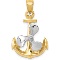 14K Two-Tone 3D Anchor Pendant with Movable Propeller - Nautical Charm by Oro Pregiato