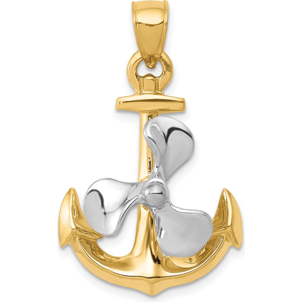 14K Two-Tone 3D Anchor Pendant with Movable Propeller - Nautical Charm by Oro Pregiato