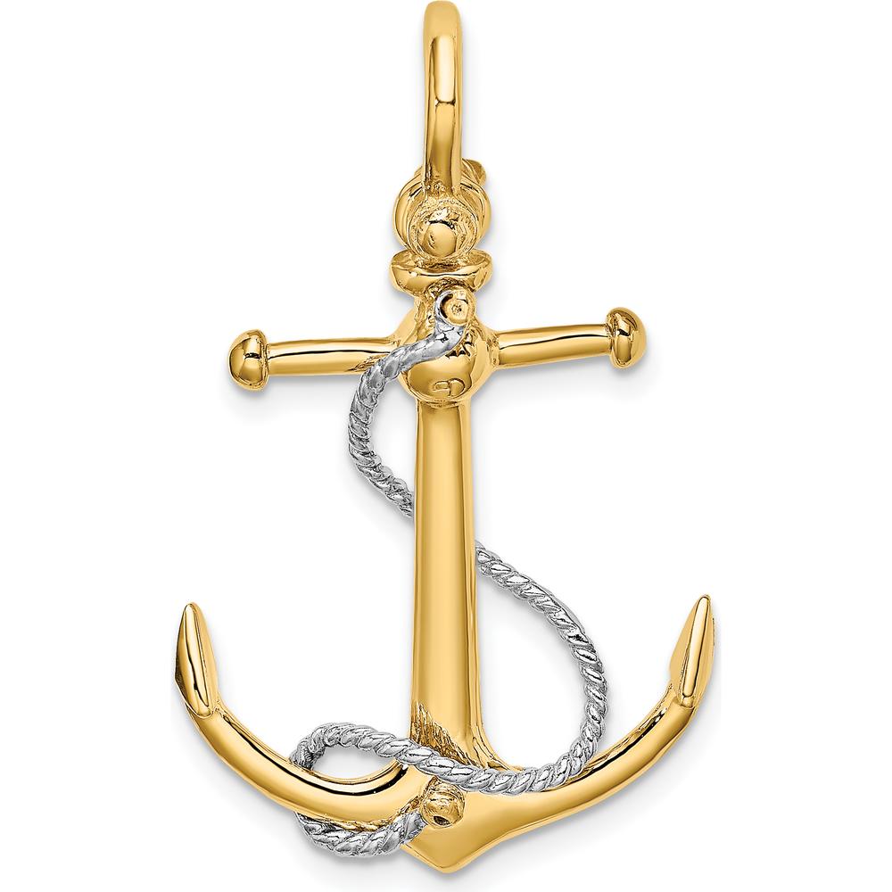 14K Two-Tone 3D Anchor Pendant with Rope and Shackle Bail Charm by Oro Pregiato