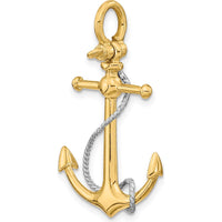 14K Two-Tone 3D Anchor Pendant with Rope and Shackle Bail Charm by Oro Pregiato