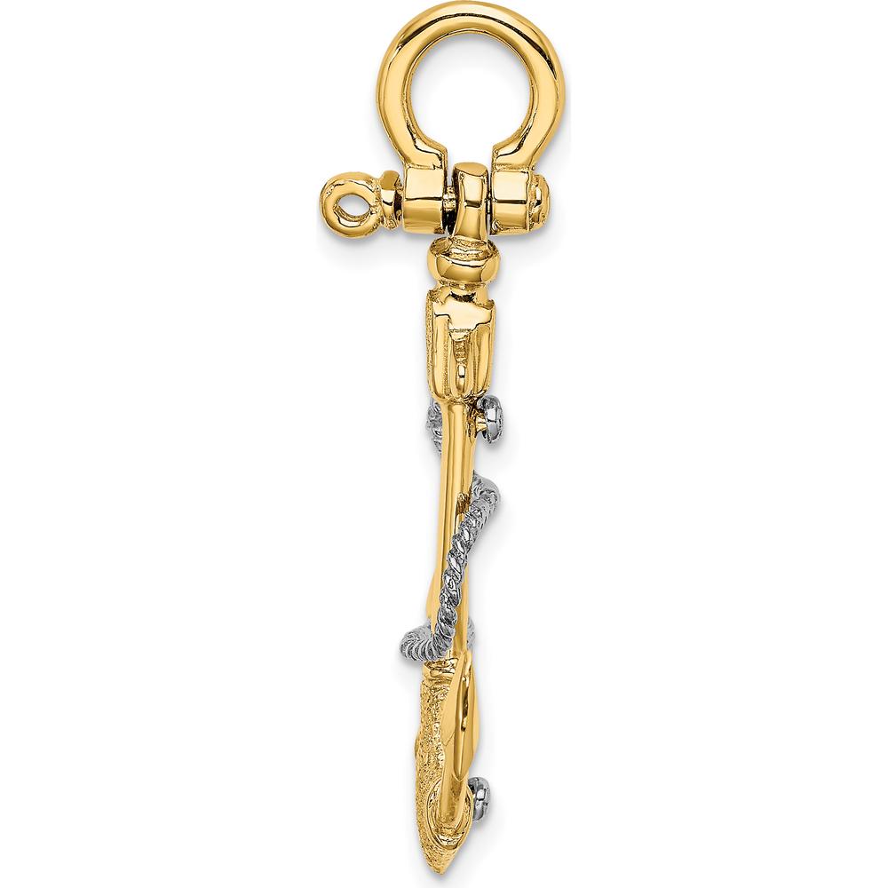 14K Two-Tone 3D Anchor Pendant with Rope Detail and Shackle Bail Charm by Oro Pregiato