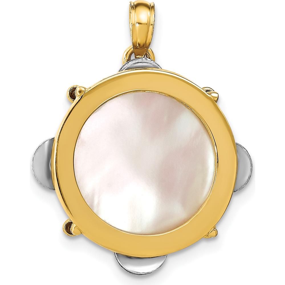 14K Two-Tone 3D Tambourine Pendant with Moveable Jingles and Mother of Pearl Gemstone by Oro Pregiato