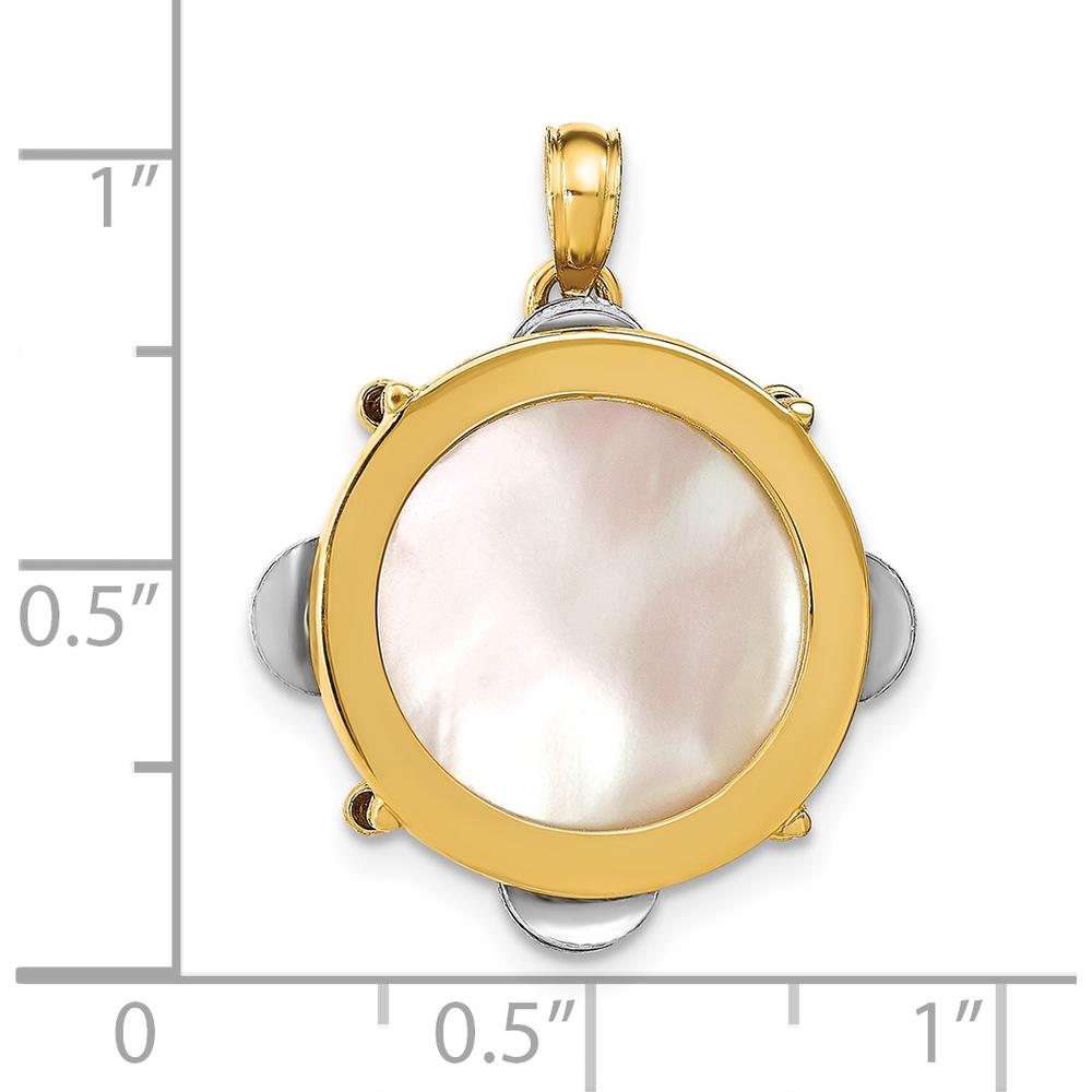 14K Two-Tone 3D Tambourine Pendant with Moveable Jingles and Mother of Pearl Gemstone by Oro Pregiato