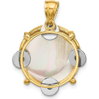 14K Two-Tone 3D Tambourine Pendant with Moveable Jingles and Mother of Pearl Gemstone by Oro Pregiato