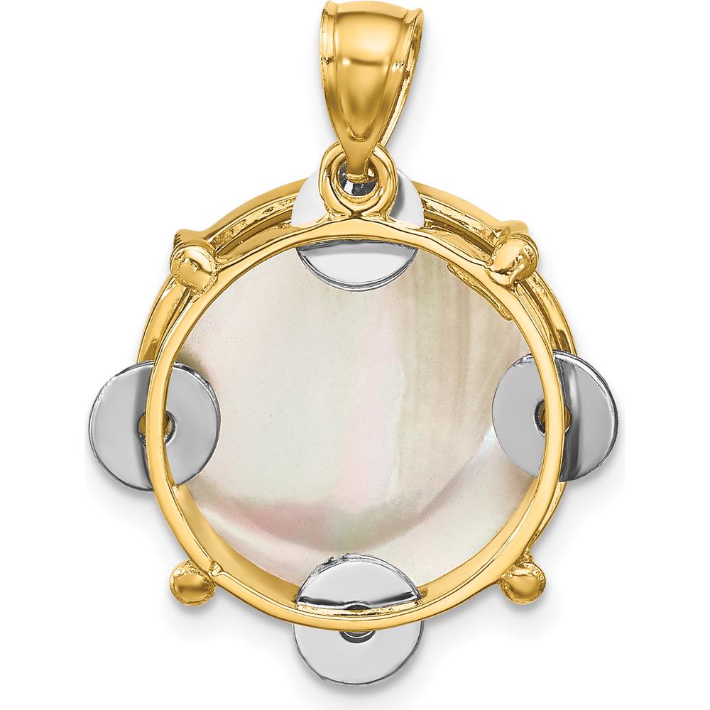 14K Two-Tone 3D Tambourine Pendant with Moveable Jingles and Mother of Pearl Gemstone by Oro Pregiato