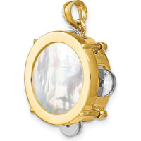 14K Two-Tone 3D Tambourine Pendant with Moveable Jingles and Mother of Pearl Gemstone by Oro Pregiato