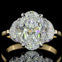 14K Two Tone 4.52 Carat Three Stone Ring with Oval Cut Lab Diamond and Half-Moon Side Stones - IGI Certified D VVS2 - Covaloro Fine Jewelry