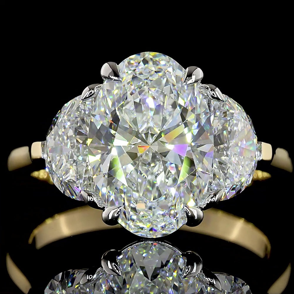 14K Two Tone 4.52 Carat Three Stone Ring with Oval Cut Lab Diamond and Half-Moon Side Stones - IGI Certified D VVS2 - Covaloro Fine Jewelry