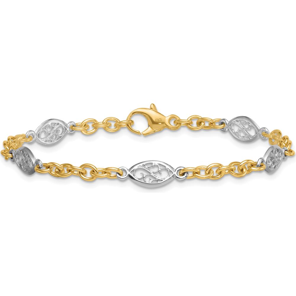 14K Two-Tone 7.25" Fancy Cable Chain Bracelet with Polished Filigree Oval Links - 6.5mm Width by 0