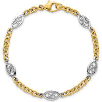 14K Two-Tone 7.25" Fancy Cable Chain Bracelet with Polished Filigree Oval Links - 6.5mm Width by 0