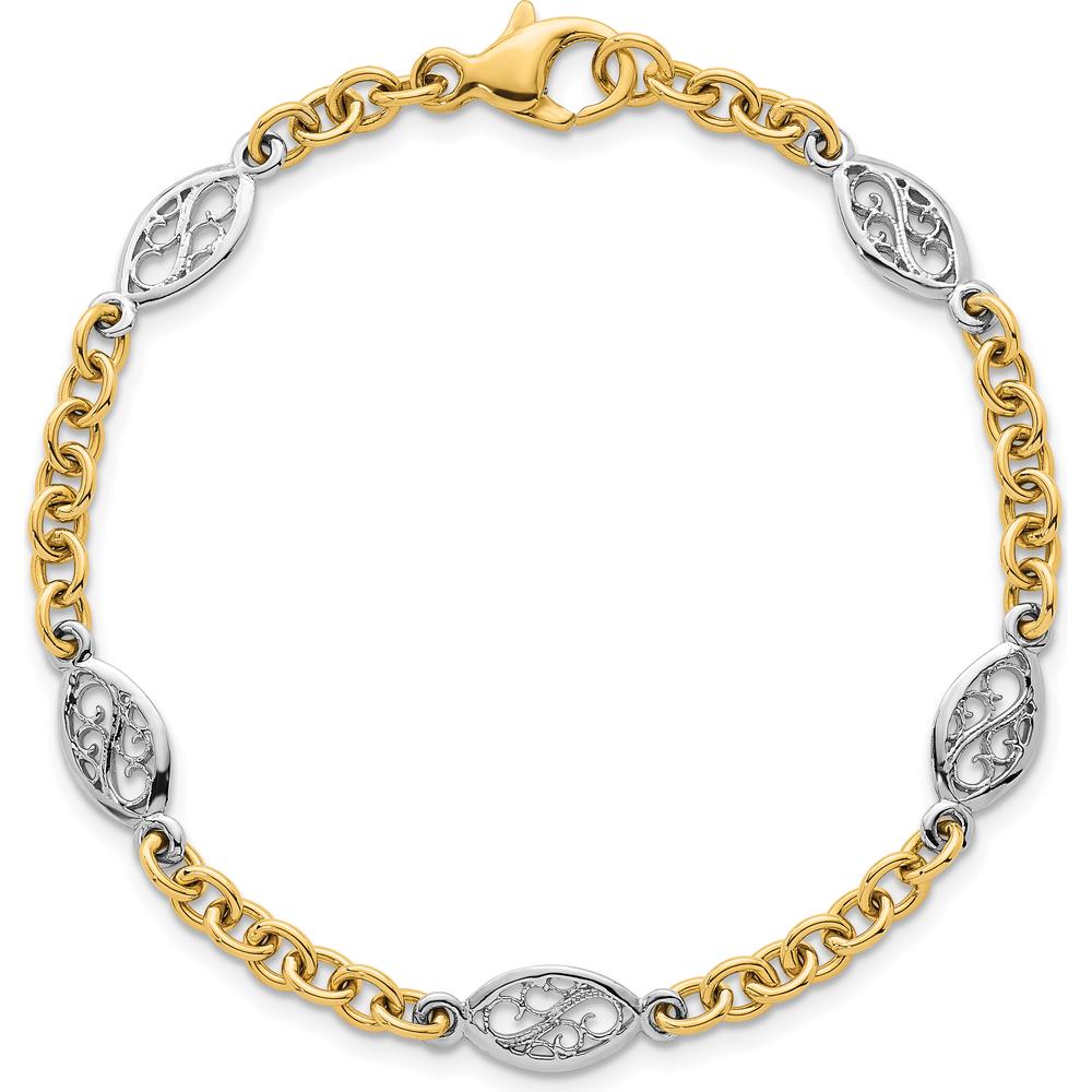 14K Two-Tone 7.25" Fancy Cable Chain Bracelet with Polished Filigree Oval Links - 6.5mm Width by 0