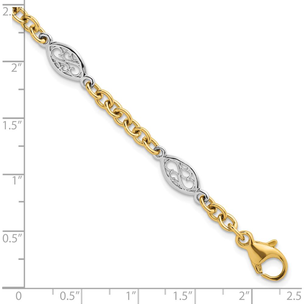 14K Two-Tone 7.25" Fancy Cable Chain Bracelet with Polished Filigree Oval Links - 6.5mm Width by 0