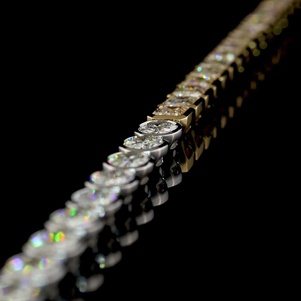 14K Two Tone 7.81 Carat Tennis Bracelet with East-West Oval and Emerald Cut Lab Diamonds in Half Bezel Settings - Covaloro Fine Jewelry