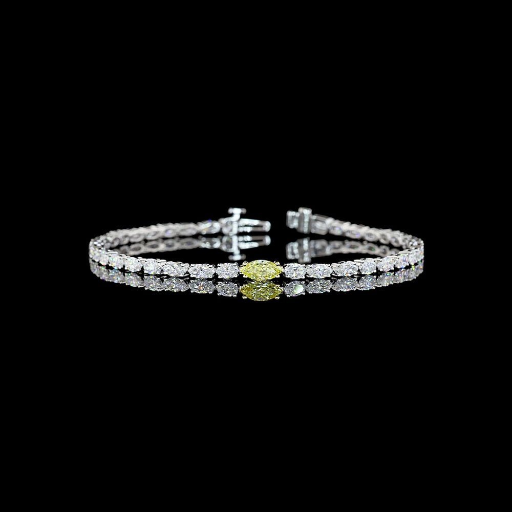 14K Two Tone 7" Tennis Bracelet with East-West Marquise Cut Lab Diamonds Including a 0.38 Carats Fancy Vivid Yellow Center Stone - 4.4 Carats Total Diamond Weight - Covaloro Fine Jewelry