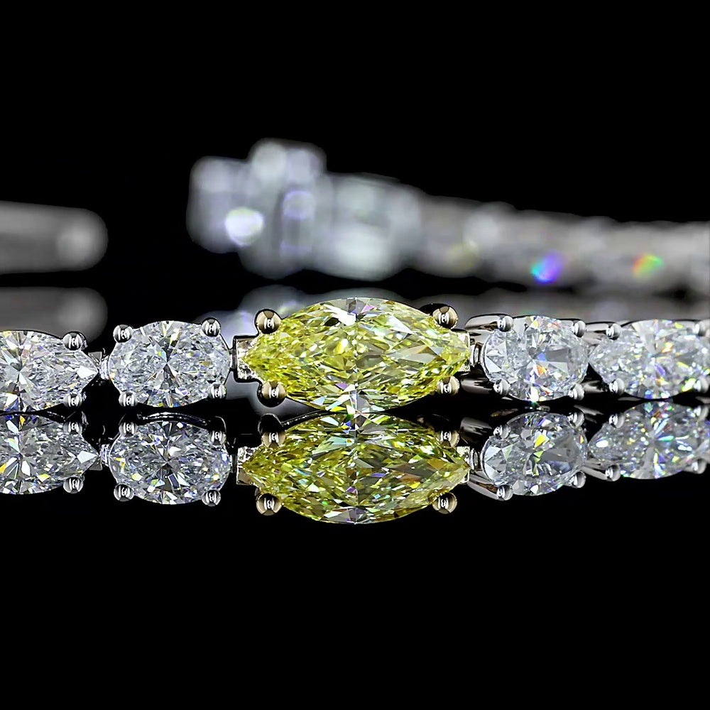 14K Two Tone 7" Tennis Bracelet with East-West Marquise Cut Lab Diamonds Including a 0.38 Carats Fancy Vivid Yellow Center Stone - 4.4 Carats Total Diamond Weight - Covaloro Fine Jewelry