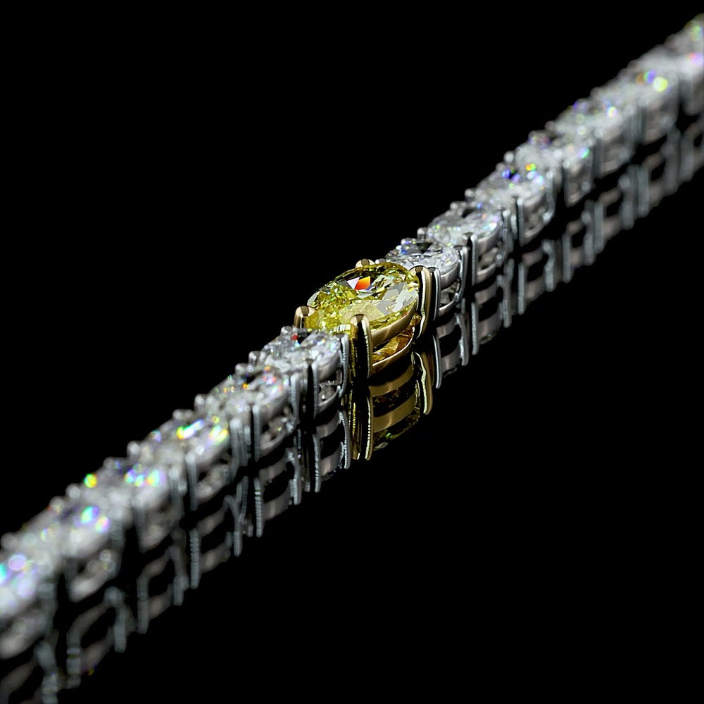14K Two Tone 7" Tennis Bracelet with East-West Marquise Cut Lab Diamonds Including a 0.38 Carats Fancy Vivid Yellow Center Stone - 4.4 Carats Total Diamond Weight - Covaloro Fine Jewelry