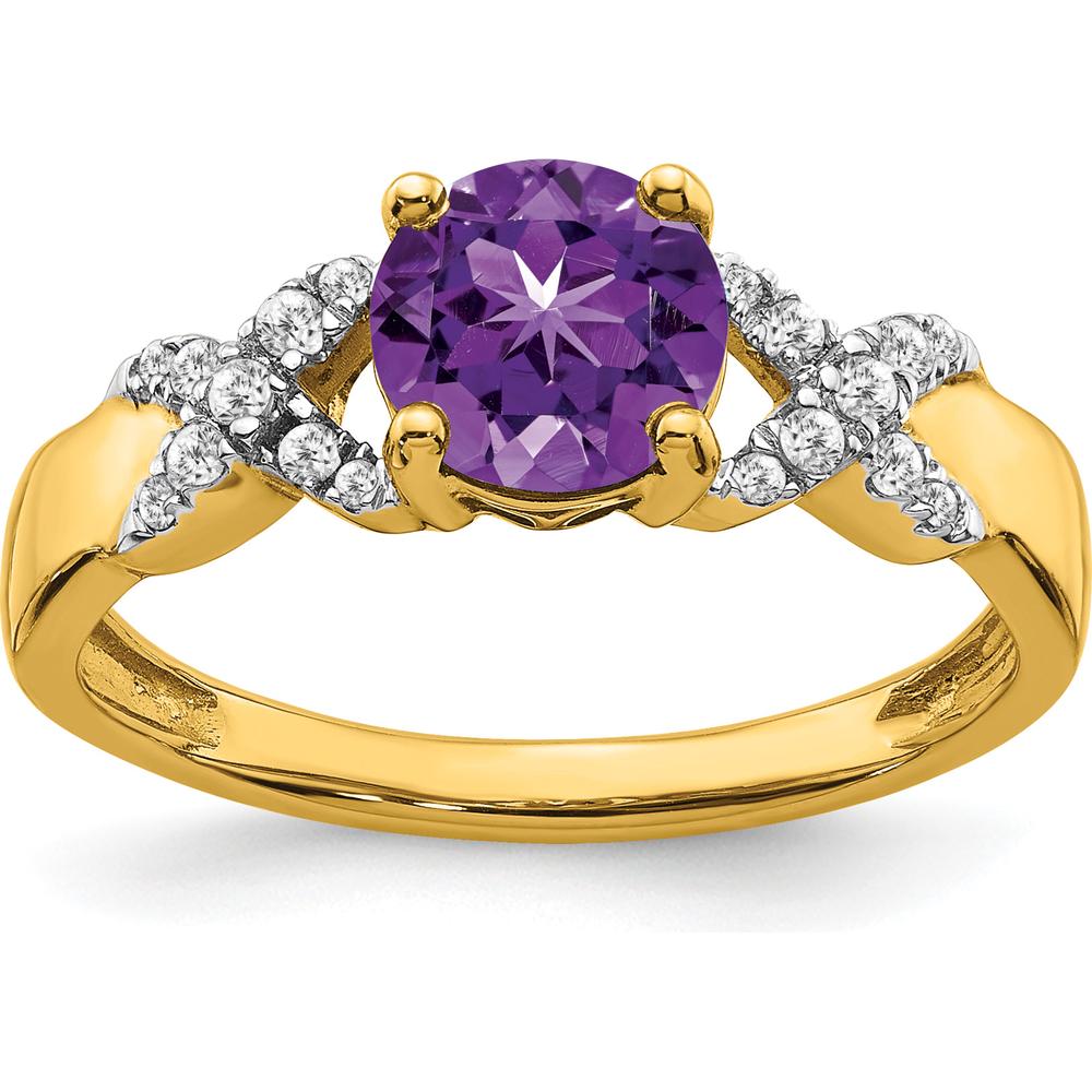 14K Two-Tone Amethyst and Diamond Ring with 6.5mm Round Amethyst and 18 Diamonds - 0.97 Carat Total Weight by 0