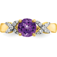 14K Two-Tone Amethyst and Diamond Ring with 6.5mm Round Amethyst and 18 Diamonds - 0.97 Carat Total Weight by 0
