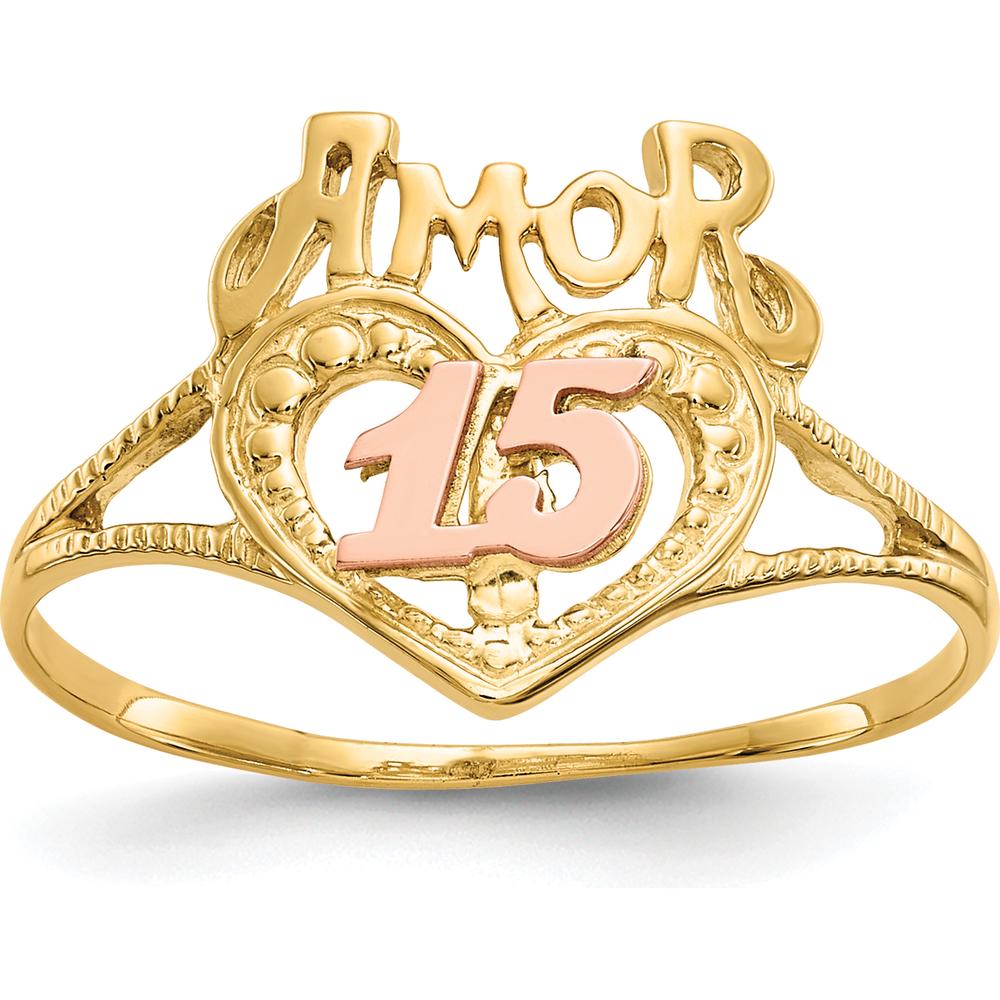 14K Two-Tone Amor Heart Ring with "15" in Rose Gold - Milestone Jewelry Piece by 0