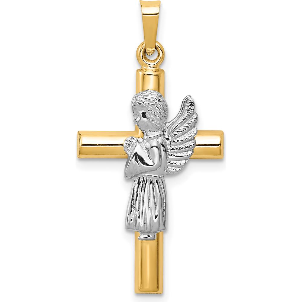 14K Two-Tone Angel and Cross Pendant - 33mm Length, 17mm Width, Die-Struck Design by Oro Pregiato