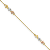 14K Two-Tone Anklet with Flower Stations and Rhodium Accents - 10" Adjustable Length